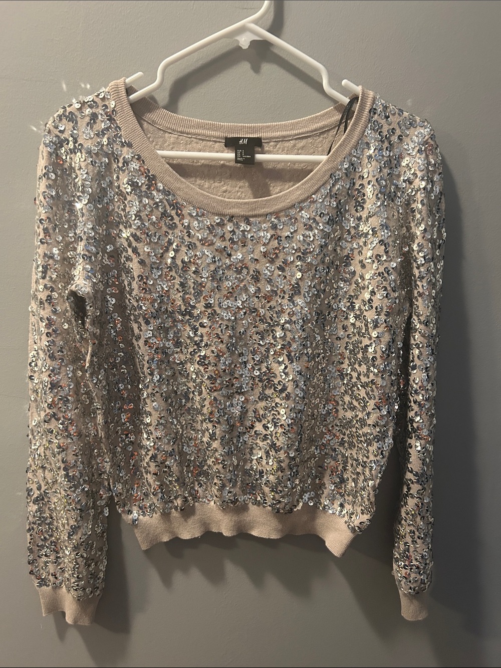 H&M Beige and Silver-Sequin Crewneck Sweater